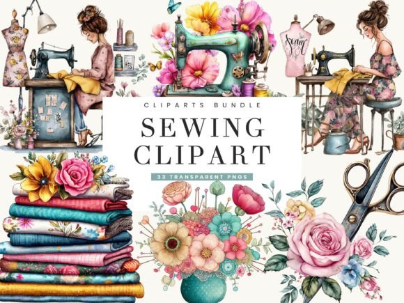 33 Watercolor Sewing Clipart Bundle for Crafters