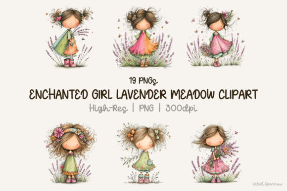 Enchanted Girl Lavender Meadow Clipart for Creators