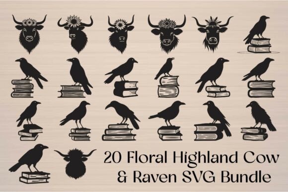 Floral Highland Cow Raven SVG Bundle
